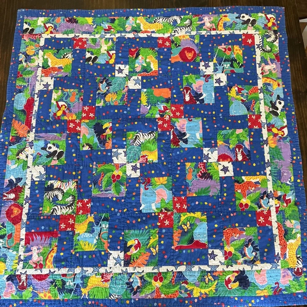 Handmade Jungle Safari Animal Patchwork Baby Quilt Nursery Blue 38x40